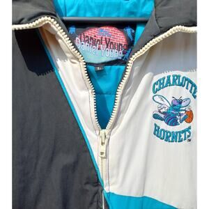 Charlotte Hornets 90s PRO PLAYER puffer Color Block jacket L teal blk NBA vtg
